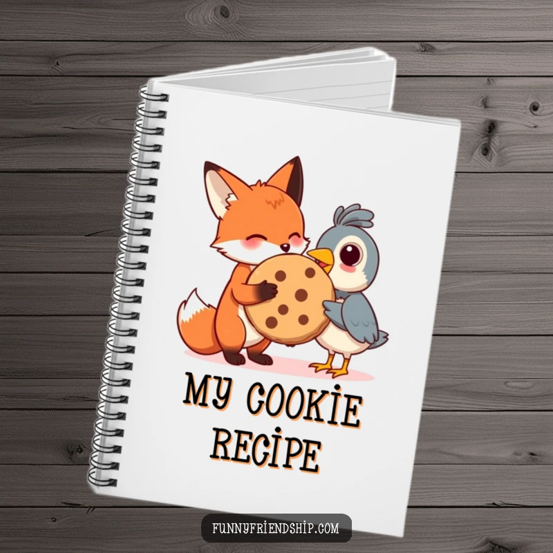 Funny notebook featuring a fox sharing a cookie with a bird, ideal for journaling or note-taking with a sweet, humorous theme.