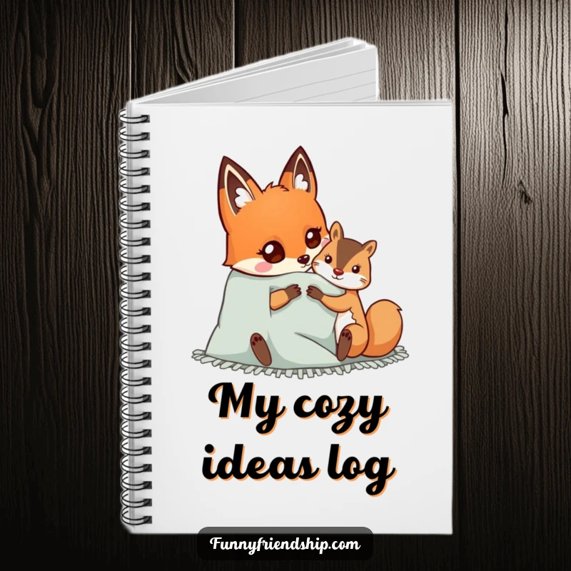 Funny notebook with a happy fox and squirrel sharing a cozy blanket, encouraging warm writing and capturing friendly moments.