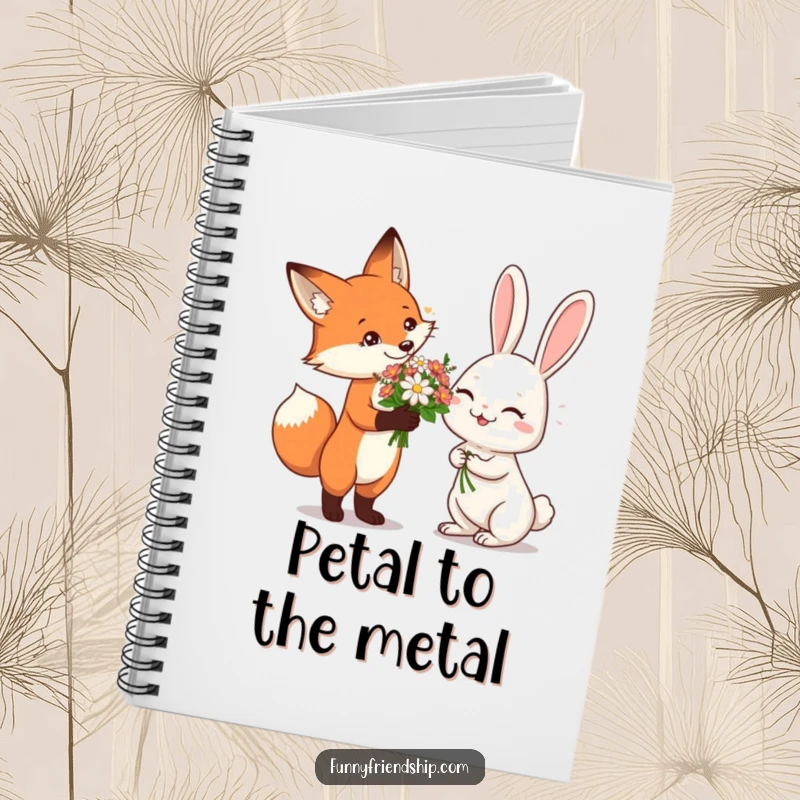 Funny Notebook with a fox offering flowers to a giggling rabbit, perfect for writing notes and adding a touch of sweet humor.