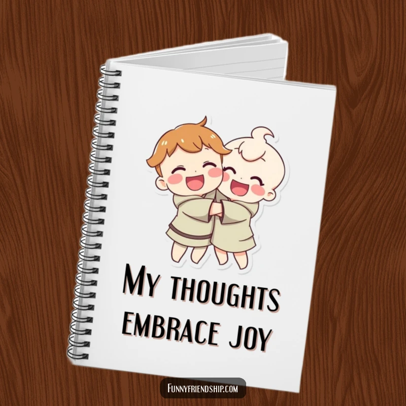Funny notebook cover featuring smiling characters hugging, perfect for jotting down happy thoughts and ideas humorously.