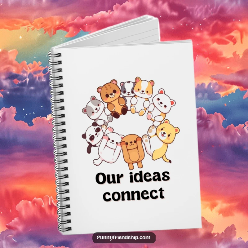 Funny notebook with diverse animal characters linking paws in a circle, promoting friendship and creativity, ideal for journaling.