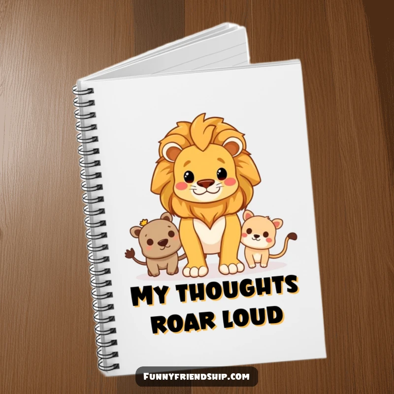 Funny notebook with a proud lion standing guard over friends on the cover, inspiring protection and strong bonds.
