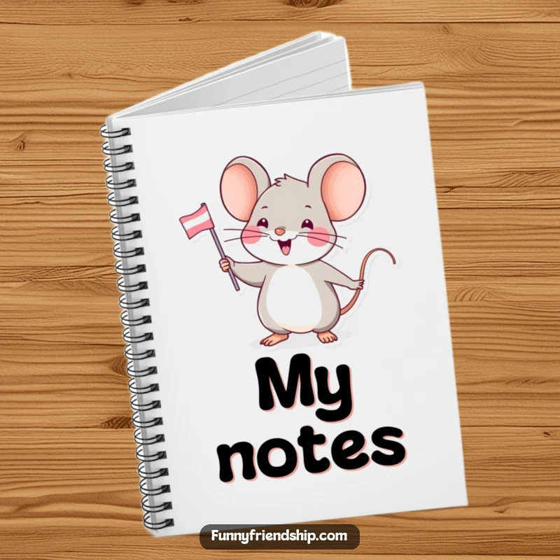 Funny notebook cover featuring a small, happy mouse character enthusiastically waving a tiny friendship flag, perfect for creative note-taking.