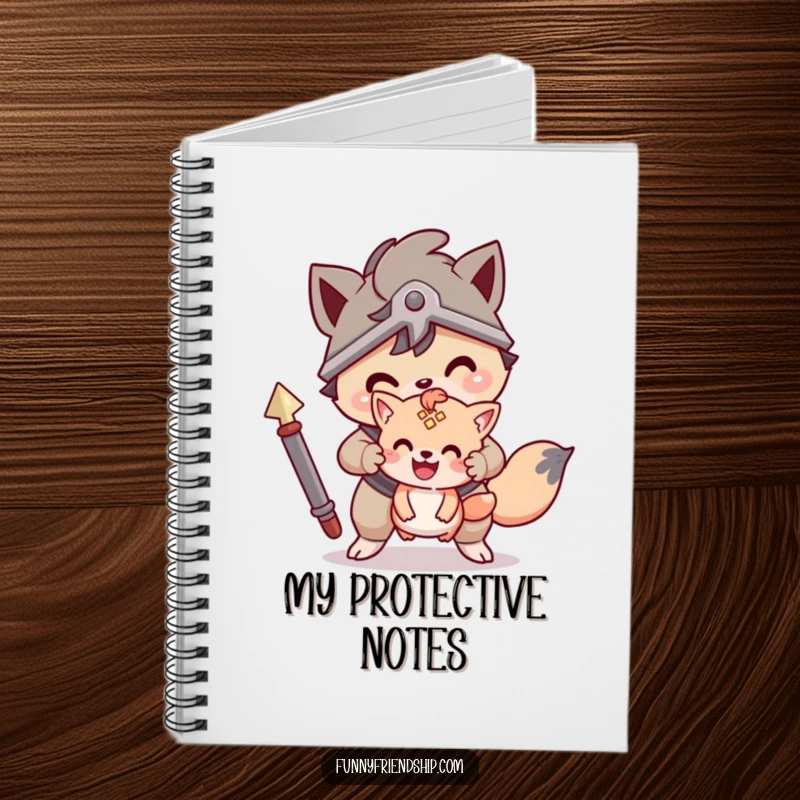 Funny notebook with a brave animal character protecting a smaller friend, inspiring courageous thoughts and strong intentions.