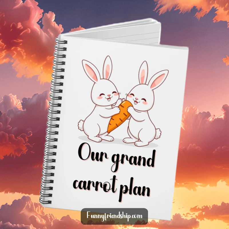 Funny rabbit notebook with two high-fiving bunnies and a giant carrot, a cute and functional stationery item.