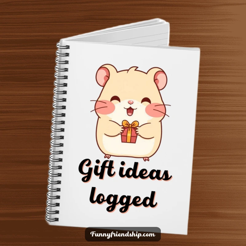 Funny hamster notebook with a happy hamster offering a tiny gift, perfect for jotting down ideas with a smile.
