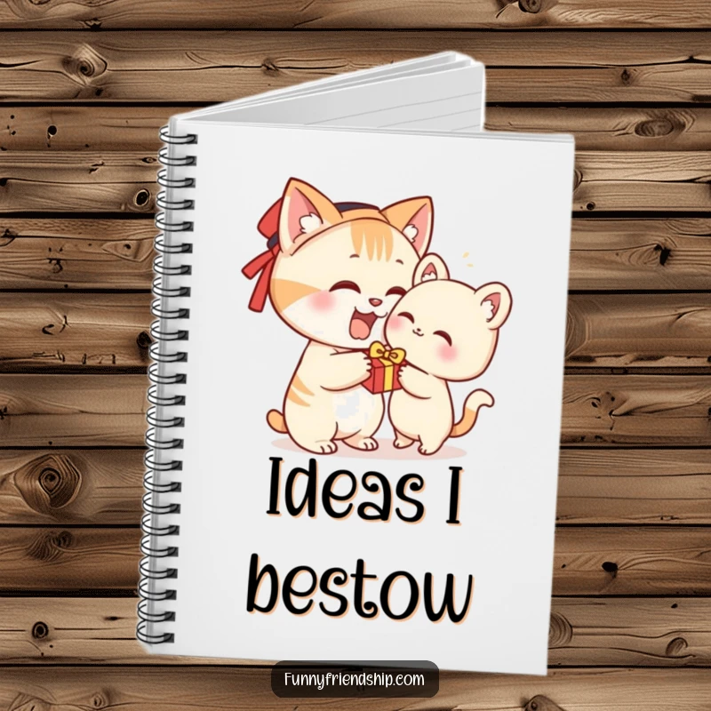 Funny notebook with a cat character offering a gift, ideal for journaling, notes, and creative writing.