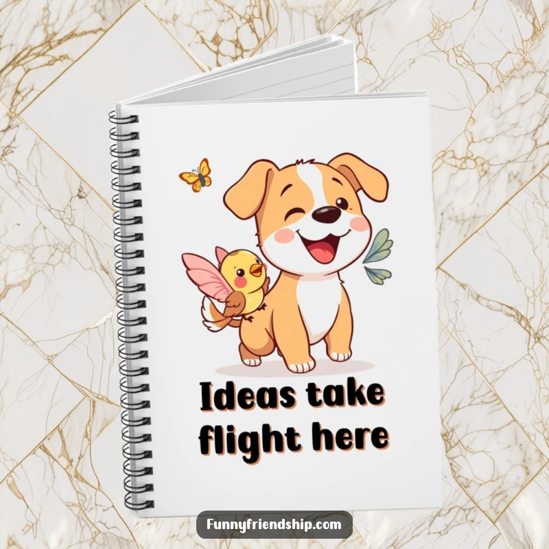 Funny notebook: a dog and bird in joyful pursuit of a butterfly, perfect for creative writing.
