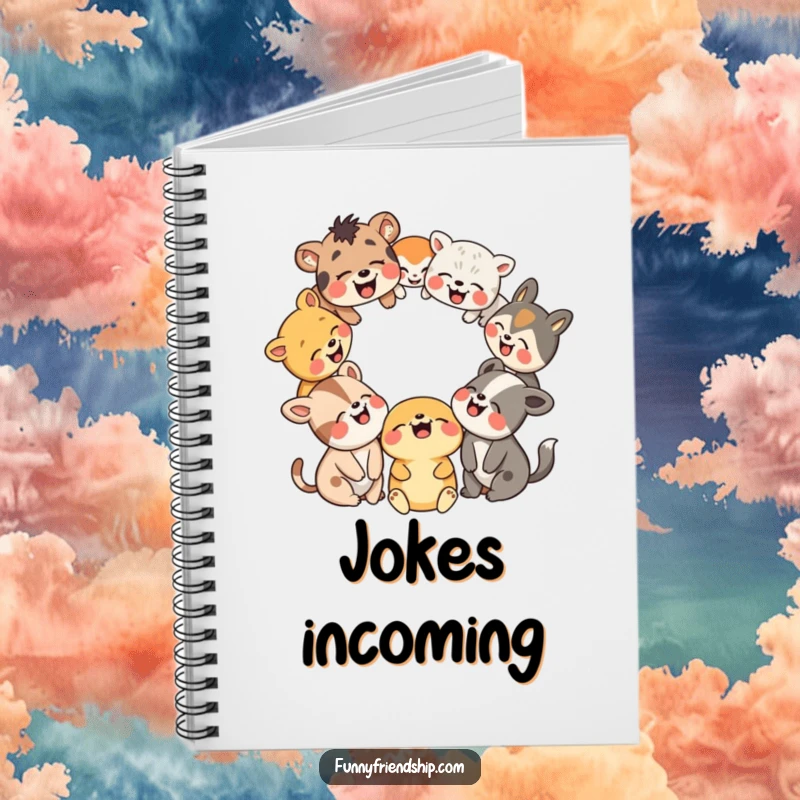 Funny notebook cover featuring a gathering of animals laughing heartily in a circle, ready for notes and ideas.