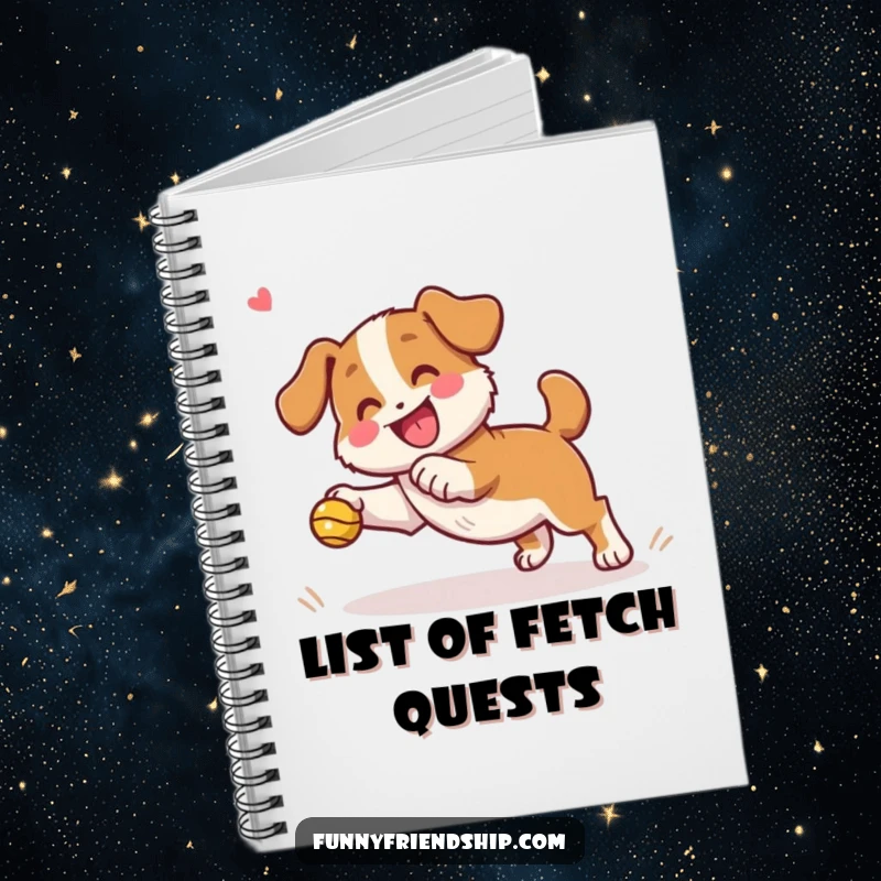 Funny dog character notebook with a playful dog fetching a ball with a happy, cheering friend, for notes.