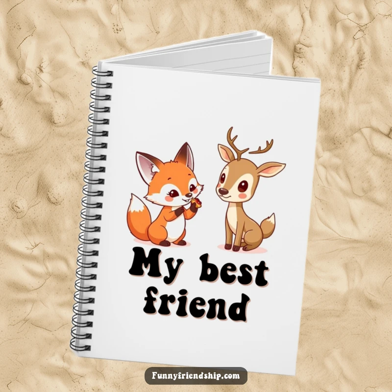 Funny notebook with a curious fox sharing a treat with a shy deer, ideal for notes and journaling with a touch of woodland sweetness.