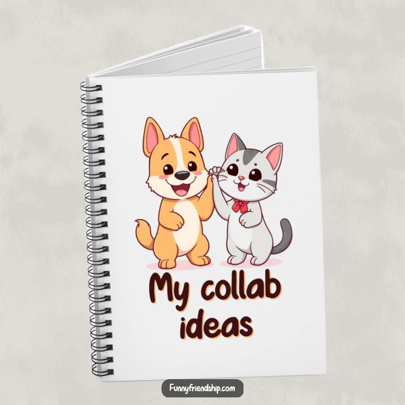 Funny notebook cover with a cheerful dog and cat giving each other a high five, symbolizing friendship.