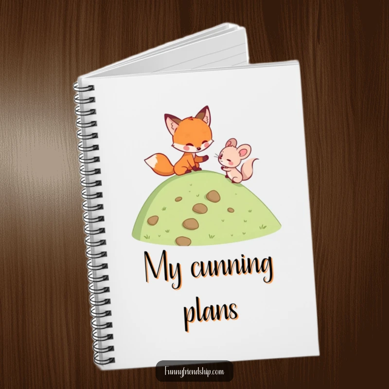 Funny fox helping a mouse climb a hill on a notebook cover, ideal for journaling adventures and supportive humor.
