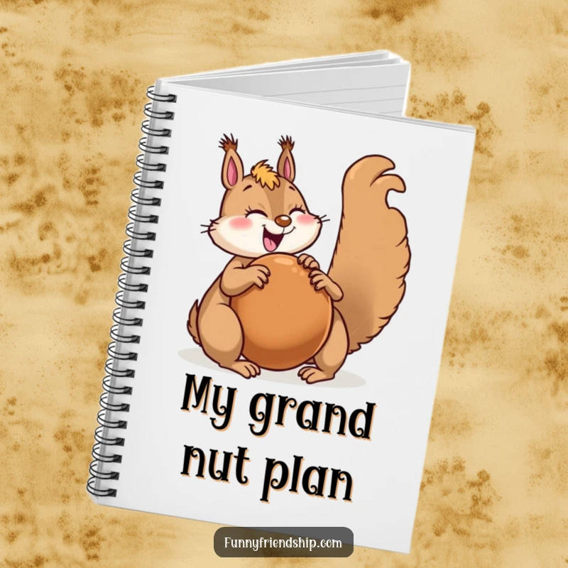 Funny squirrel character notebook with a joyful squirrel sharing a giant nut with a happy friend, for notes.