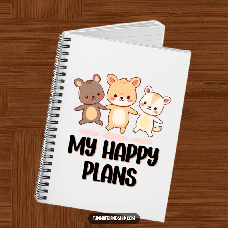 Funny notebook cover featuring three cute animal characters holding hands and skipping in a circle, perfect for journaling.