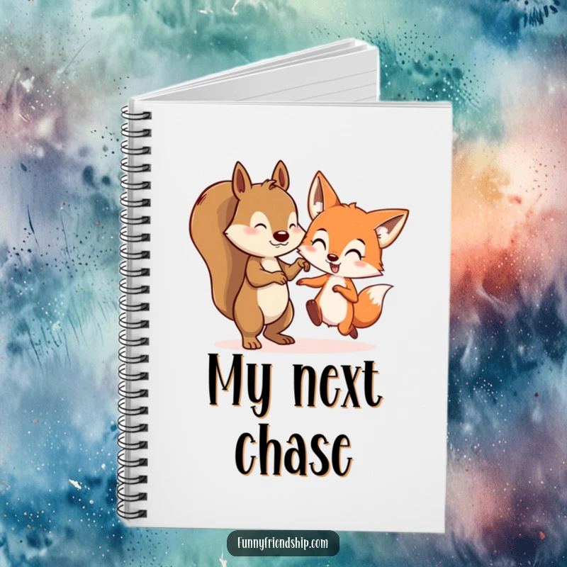 Funny notebook depicting a squirrel and a fox character playing tag, inspiring playful thoughts and creative writing.