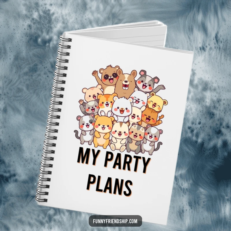 Funny notebook with a diverse group of cheerful animal characters celebrating, inspiring joyful thoughts and party planning.