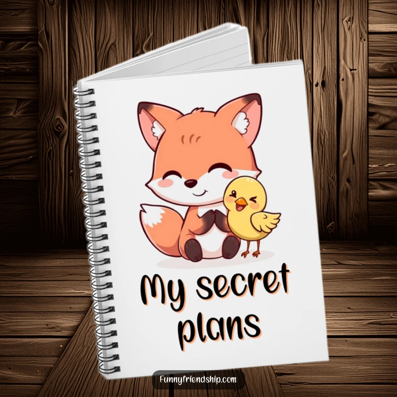 Funny fox and bird characters sharing a secret on a notebook cover. A funny gift.