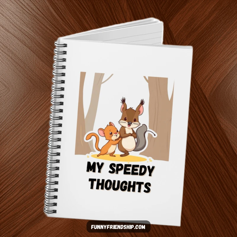 Funny squirrel and mouse characters playing tag, a humorous cartoon notebook for jotting down energetic ideas and thoughts.