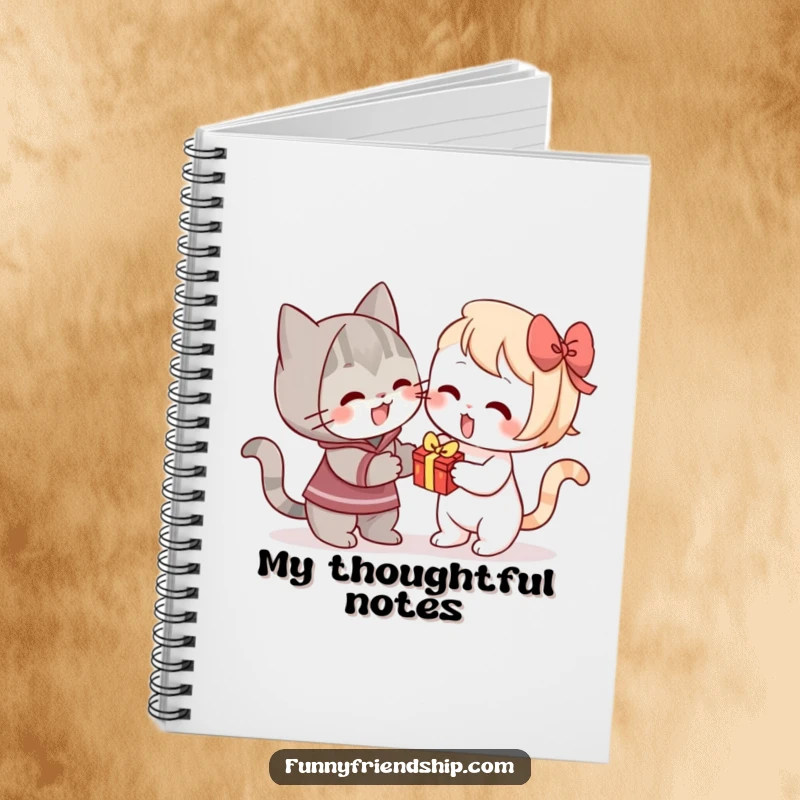 Funny notebook featuring a cat enthusiastically offering a small gift, perfect for jotting down thoughtful ideas.