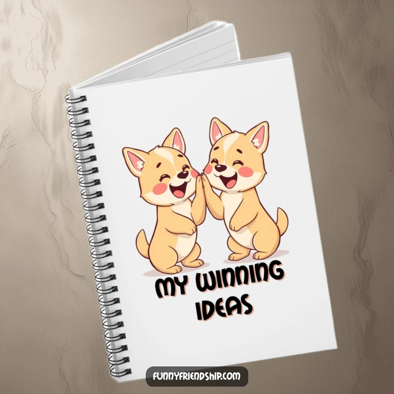 Funny notebook cover featuring two cute dog characters enthusiastically giving each other a high five, perfect for writing.