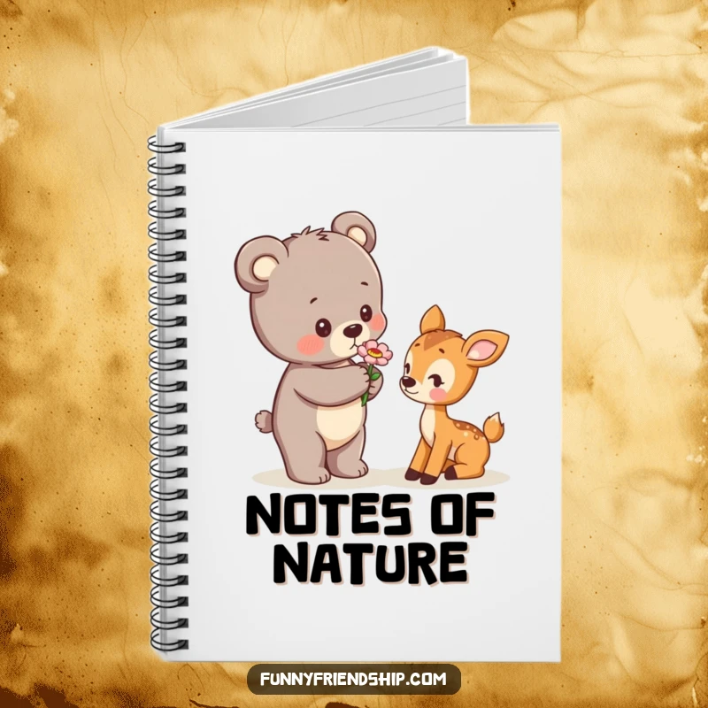 Funny Notebook with a cute illustration of a bear cub offering a flower to a shy deer cub, inspiring sweet notes.