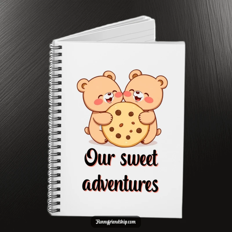 Funny notebook with two cute bears joyfully sharing a large cookie, perfect for journaling and creative writing.
