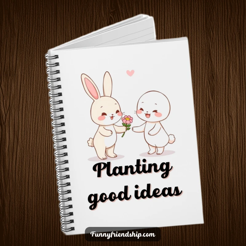 Funny rabbit character notebook with a cute bunny giving a flower to a happy friend, for writing and notes.