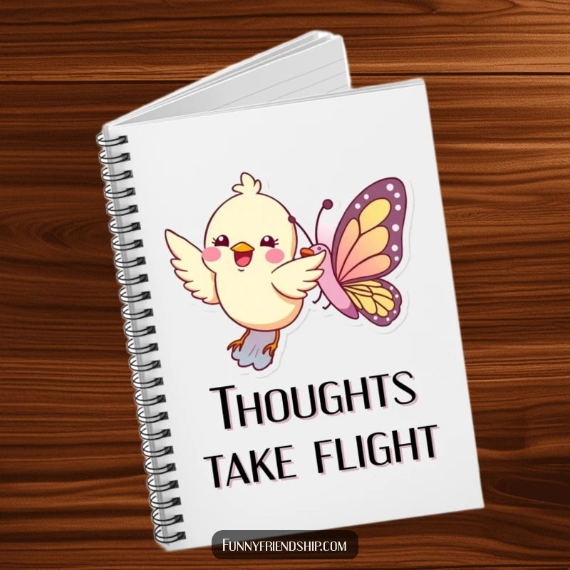 Funny notebook with a bird and butterfly flying together, ideal for journaling and notes.