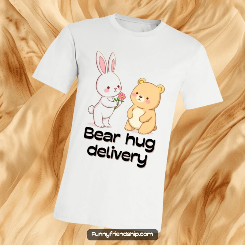 Funny Bunny and Bear Flower T-Shirt: Bunny offering flower to bear, cute and gentle design, promoting kindness, a funny gift.