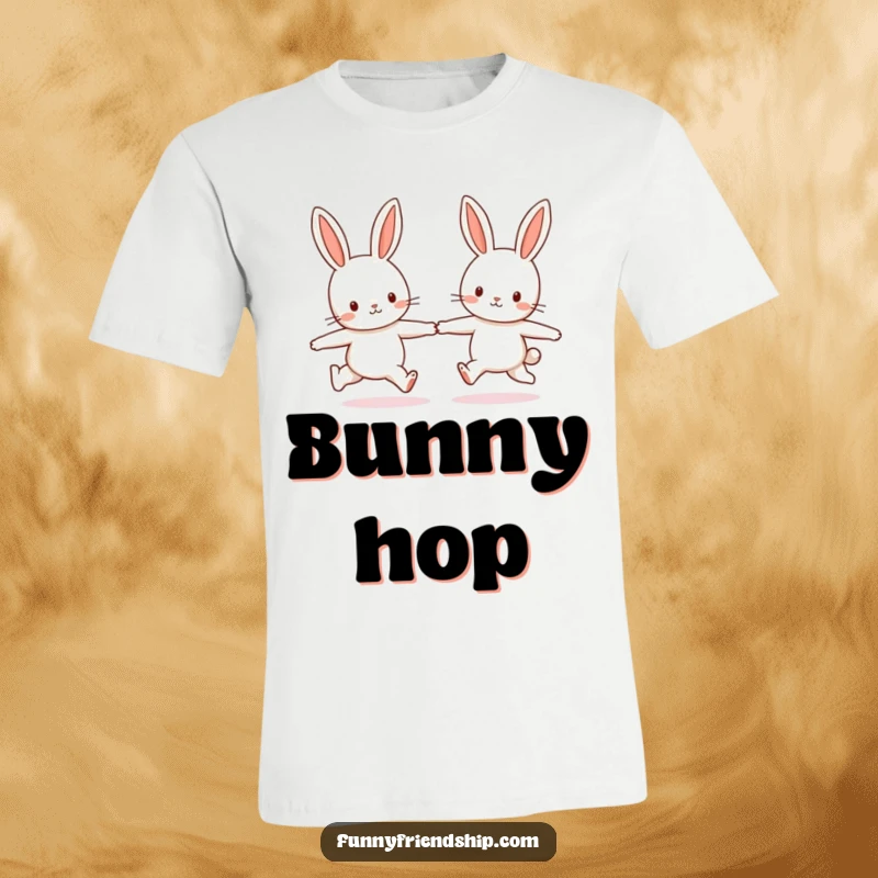 Funny t-shirt illustration of two happy bunny characters skipping playfully while holding hands, symbolizing pure friendship.