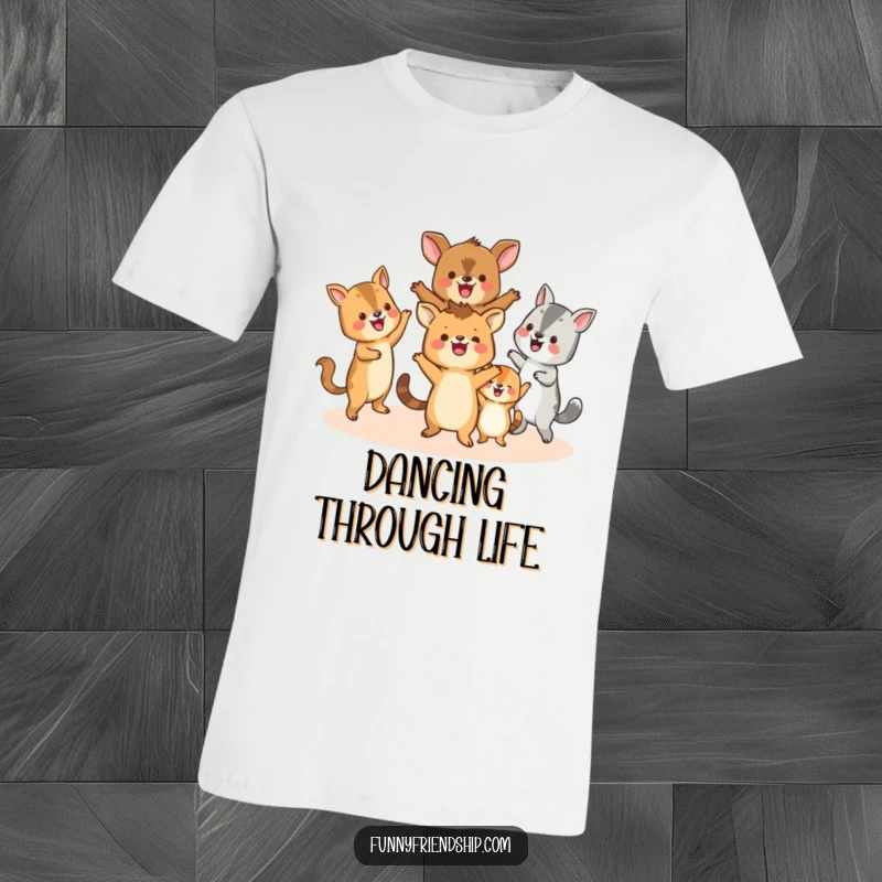 Funny t-shirt depicting happy animals in a cheerful circle dance, symbolizing fun, friendship, and joyous celebration.