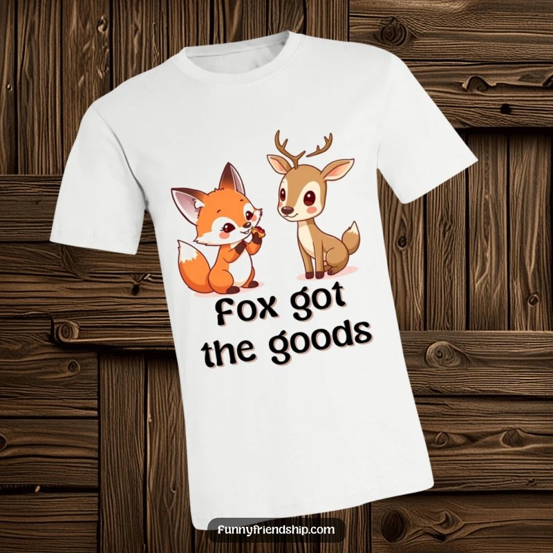 Funny t-shirt featuring a curious fox offering a treat to a shy deer, depicting a heartwarming scene of animal friendship and sharing.