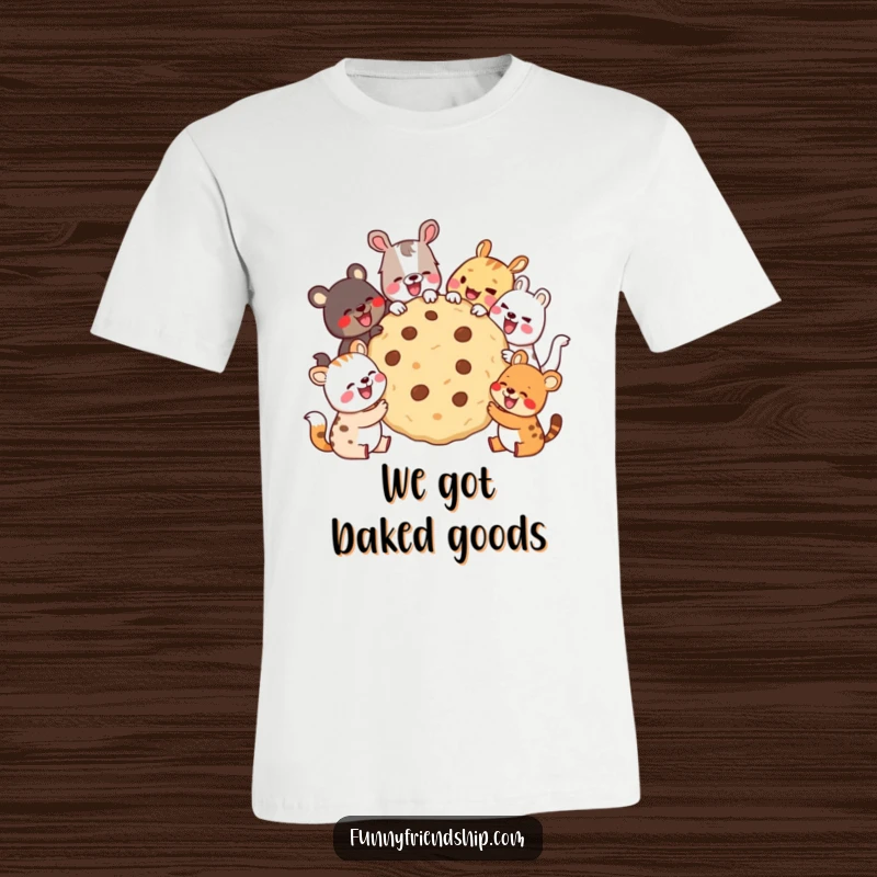 Funny T-Shirt showcasing a diverse group of animals joyfully sharing a giant cookie and laughing, celebrating togetherness and sweet treats creatively.