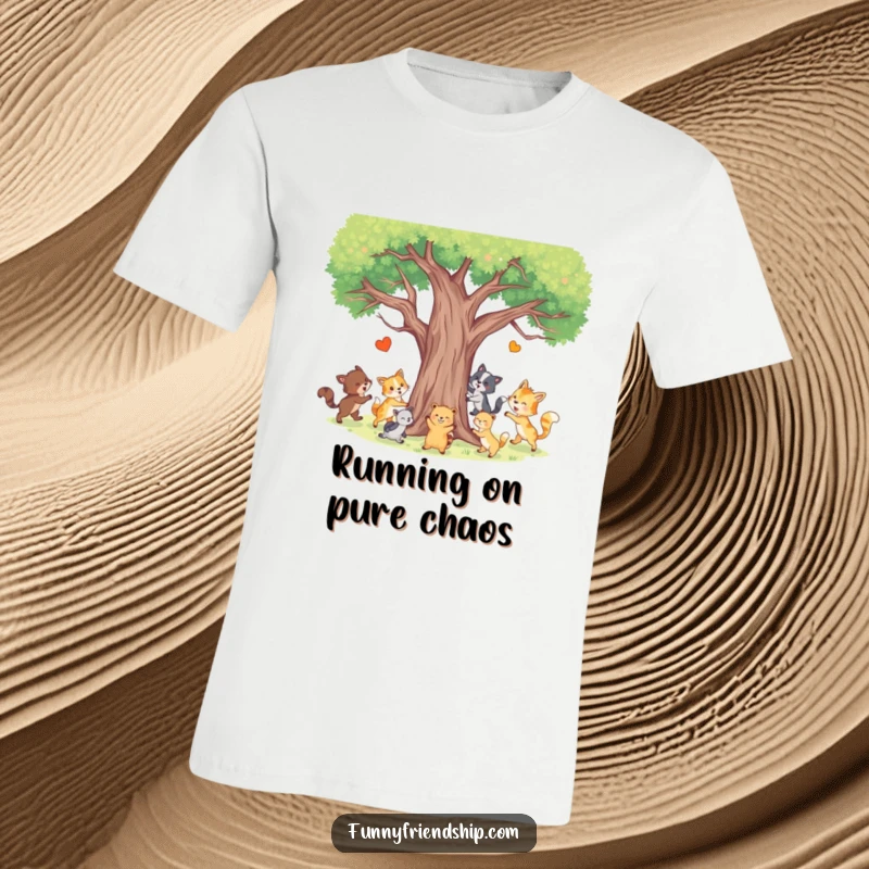 Funny Animal Tag T-Shirt depicting various animals joyfully engaged in a game of tag around a tree, radiating fun and playful energy.