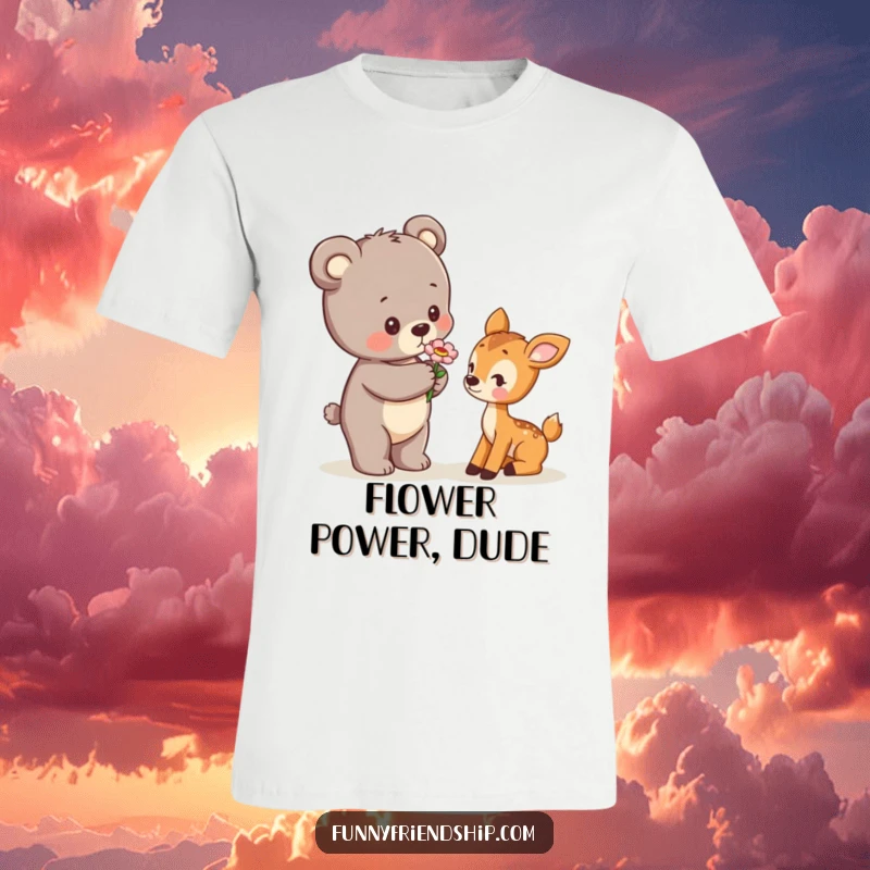 Funny T-Shirt depicting a sweet bear cub offering a flower to a shy deer cub, symbolizing innocent friendship and nature.