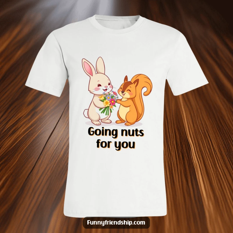 Funny t-shirt depicting a playful rabbit offering a floral bouquet to a delighted squirrel, capturing a moment of charming interspecies kindness.