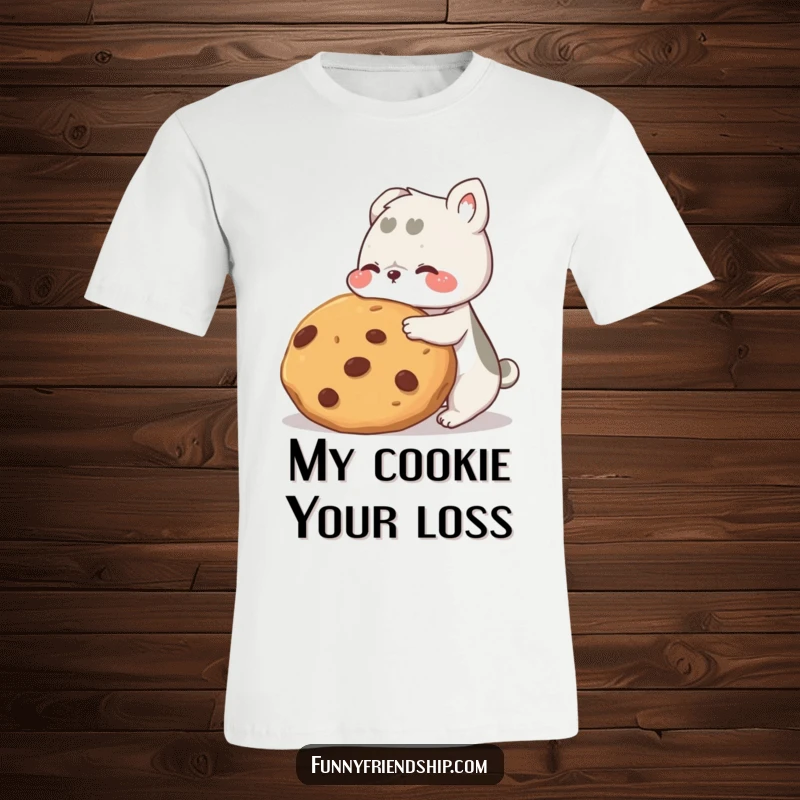 Funny animal friends t-shirt, two cute characters sharing a huge cookie with joyful expressions, illustrating friendship and humor.