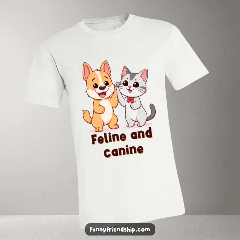 Funny t-shirt depicting a cheerful dog and cat giving each other a high five, celebrating their unique bond.