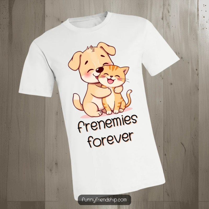 Funny T-Shirt: Adorable dog character in a playful hug with a happy cat, symbolizing heartwarming animal friendship.