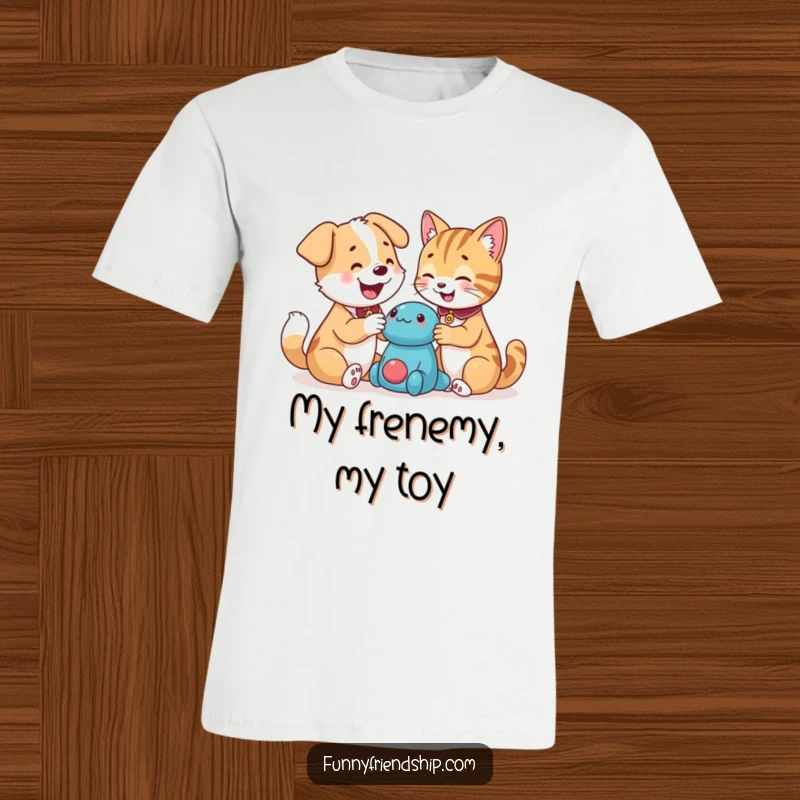 Funny dog and cat characters joyfully playing with a common toy, printed on a comfortable t-shirt for pet enthusiasts.