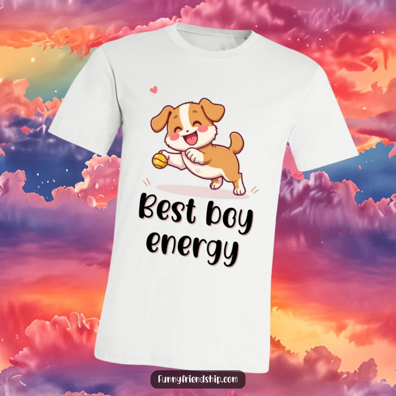 Funny dog character t-shirt depicting a playful dog fetching a ball with a cheerful friend, celebrating active fun.