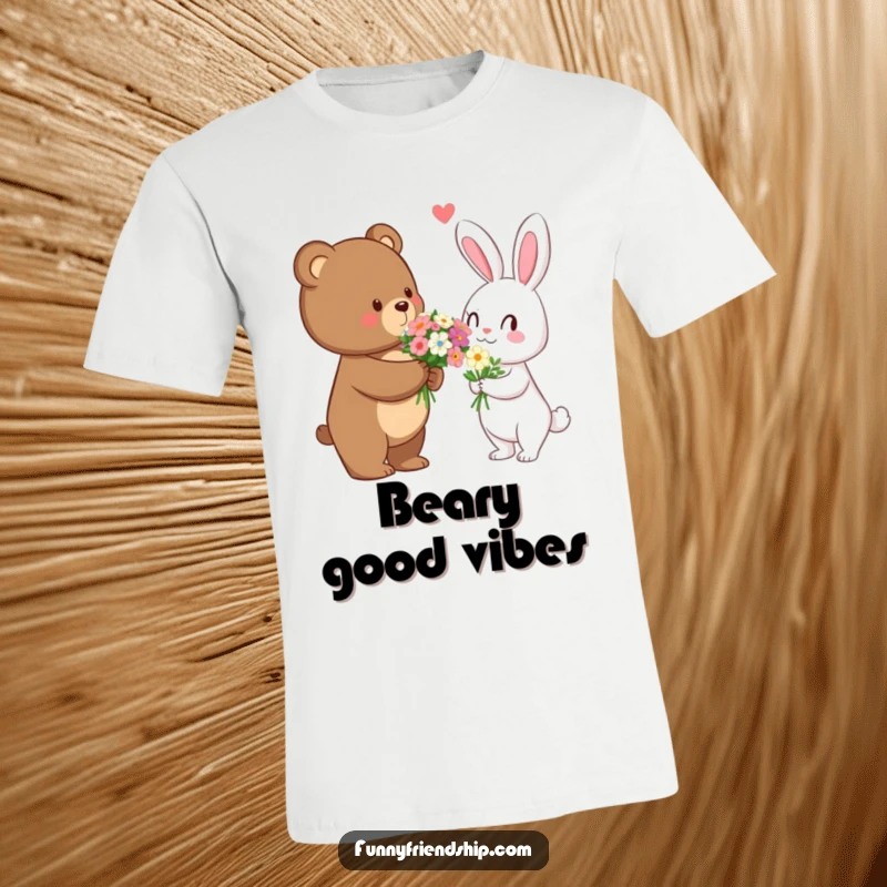 Funny bear character giving a flower bouquet to a rabbit, illustrated with charm and humor, ideal for romantic humor apparel.