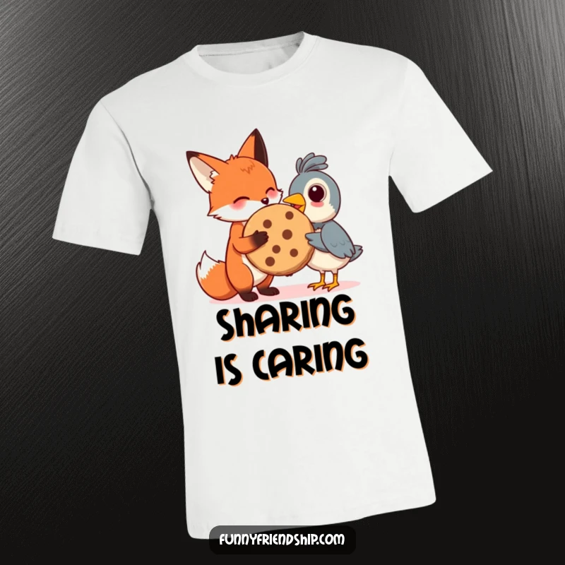 Funny t-shirt depicting a fox sharing a large cookie with a bird, symbolizing friendship and shared joy.