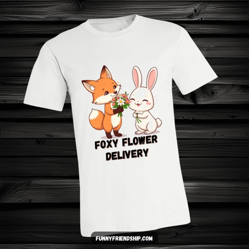 Funny T-Shirt depicting a charming fox presenting a flower bouquet to an amused, giggling rabbit, embodying playful romance and sweet gestures.