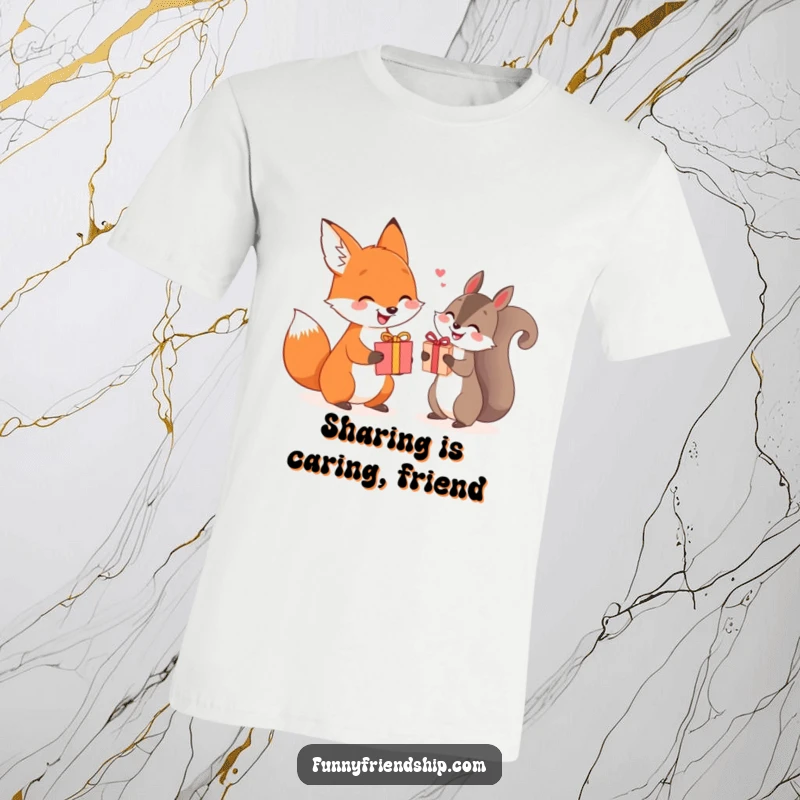 Funny fox and squirrel exchanging gifts t-shirt, a graphic tee celebrating thoughtfulness and woodland camaraderie.