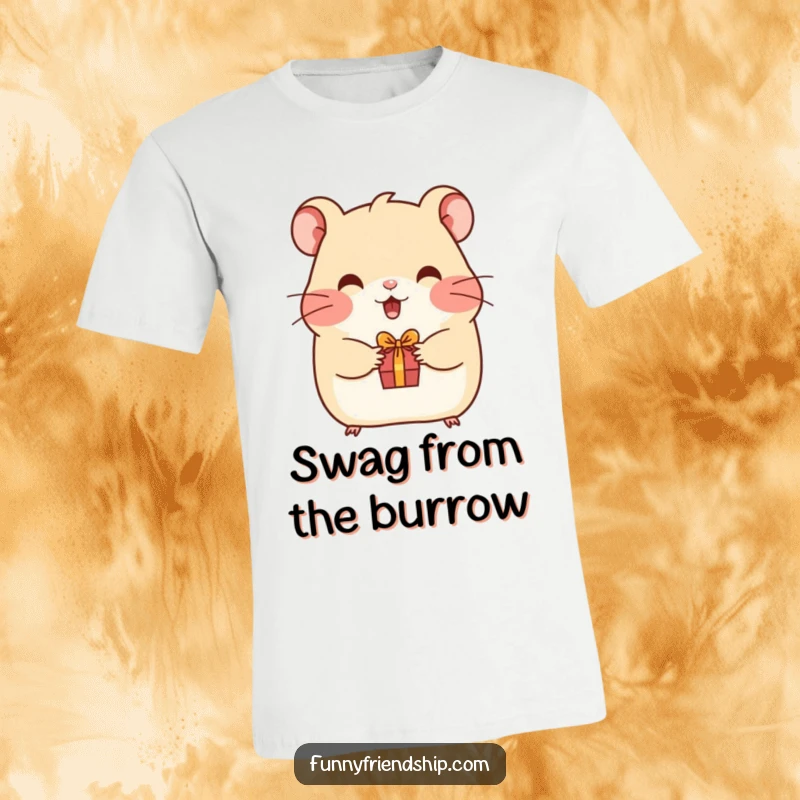 Funny hamster t-shirt featuring a happy hamster presenting a miniature gift, symbolizing friendship and humorous giving.