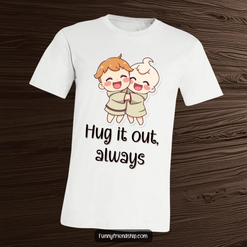 Funny t-shirt with happy characters hugging joyfully, representing love, friendship, and cheerful connection.