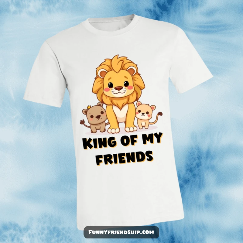 Funny T-shirt showcasing a proud lion standing guard over friends, representing steadfast protection and strong bonds.