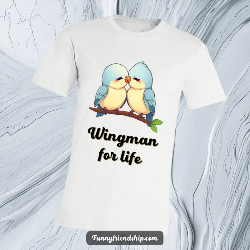 Funny bird couple t-shirt, two birds nuzzling affectionately on a perch, illustrating love and sweet companionship with humor.